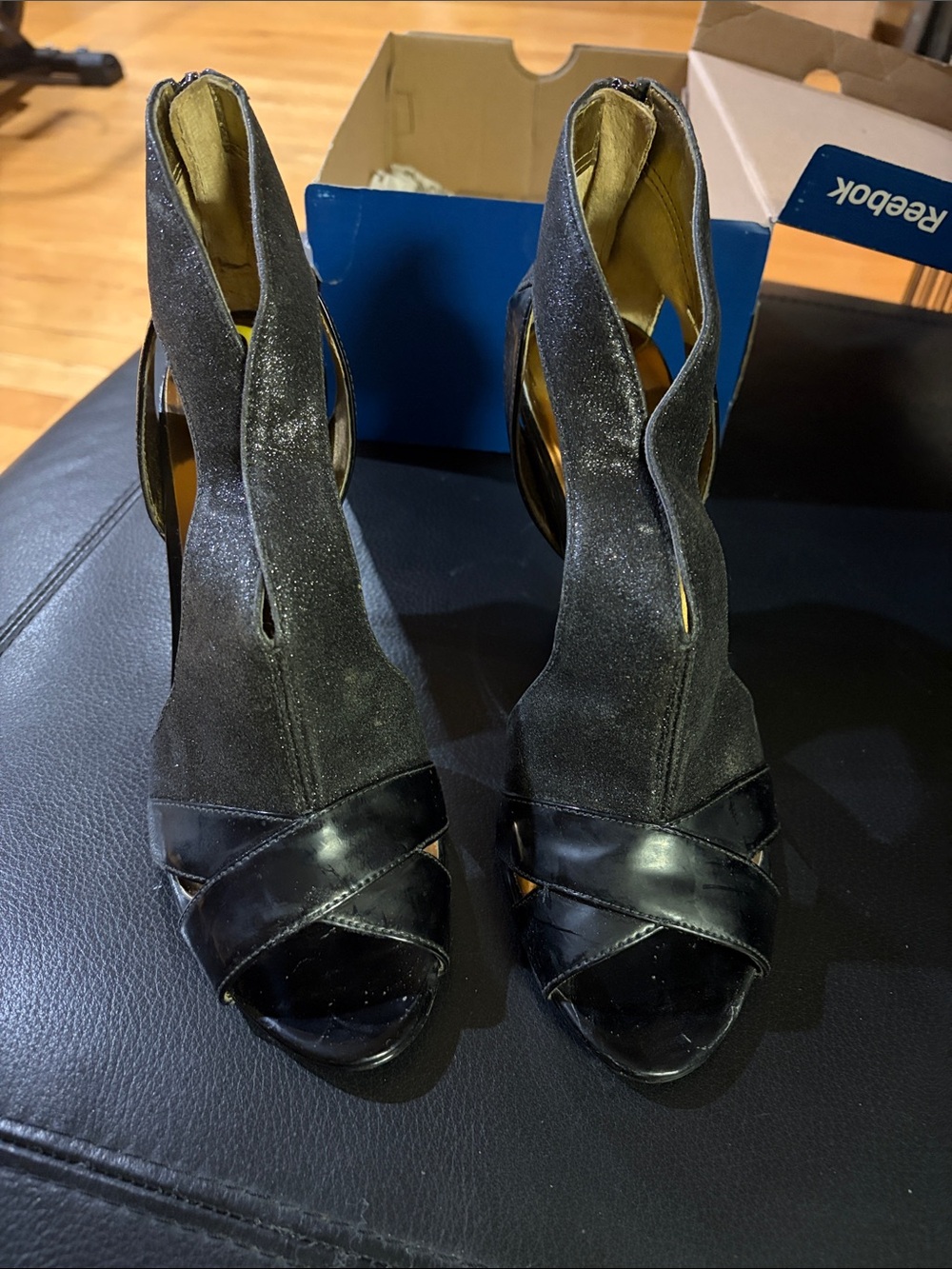 Guess Black Suede & Patent Leather Peep-Toe Heels